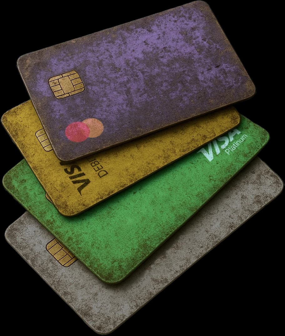 Cartões desgastados empilhados representando o sistema financeiro tradicional