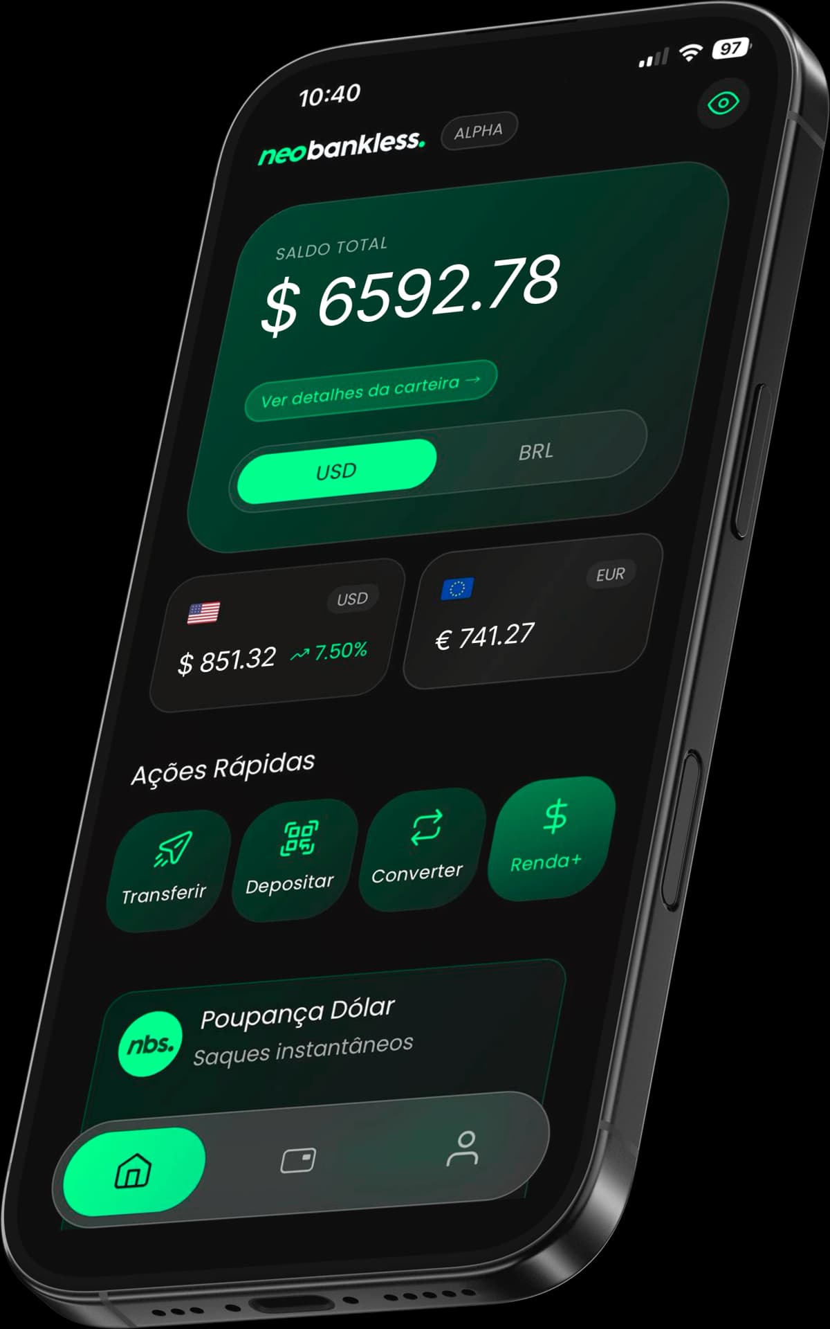 Mockup do aplicativo Neobankless